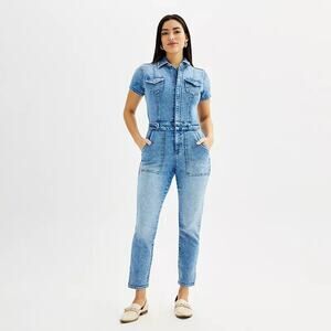 INTEMPO Denim Jumpsuit Womens 12 Blue Zip Front Short Sleeve Stretch Jeans...